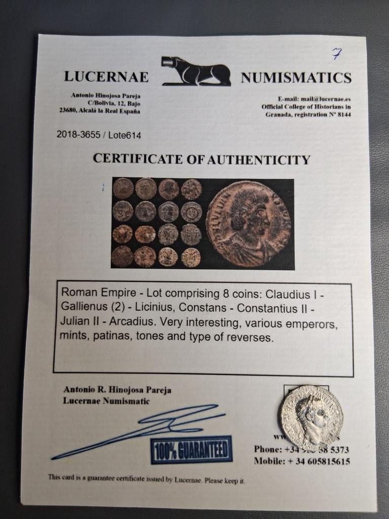 Lot 7 van 8 romeinse munten met certificaat, Ophalen of Verzenden
