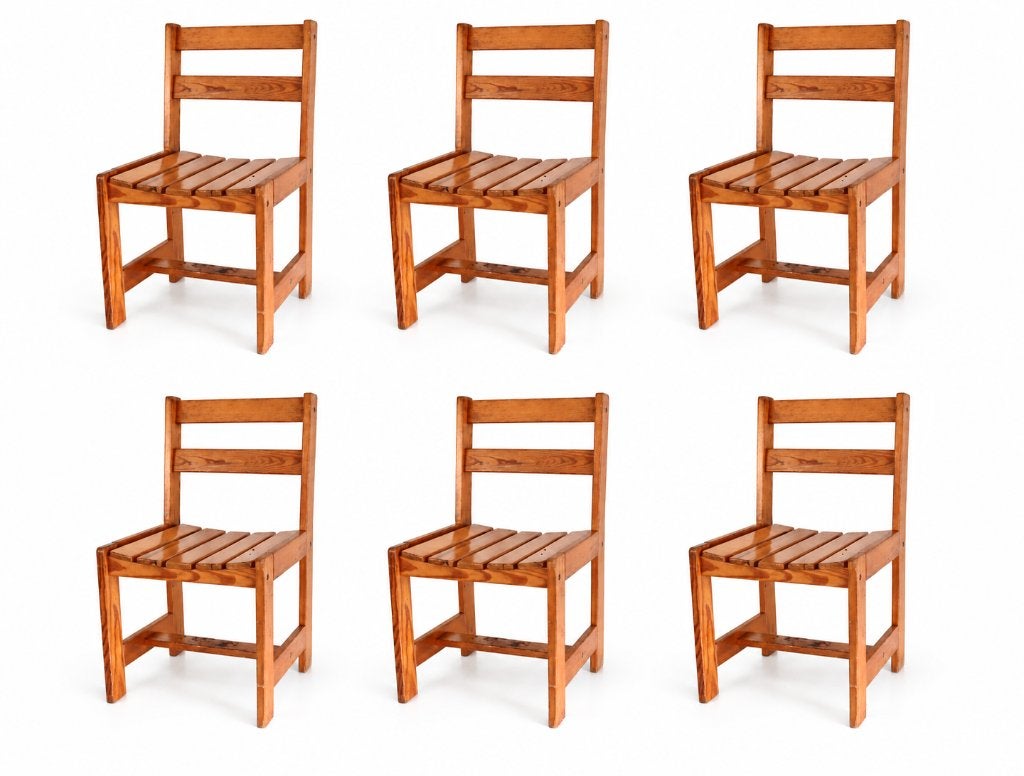 6 X Vintage massief grenen eetkamerstoelen jaren 70, Ophalen