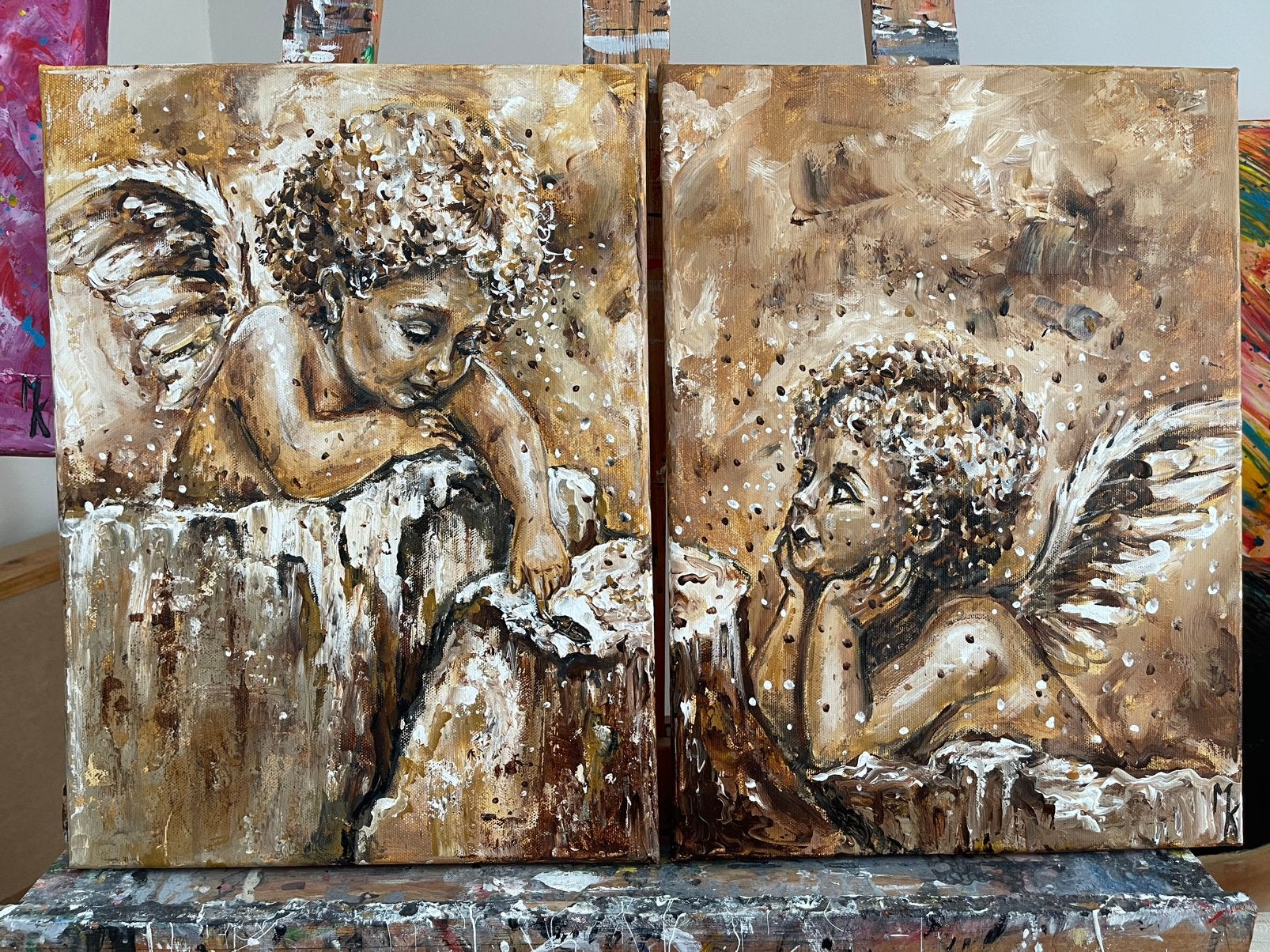 Schilderij 2 luik engeltjes Mk Art, Antiek en Kunst, Ophalen of Verzenden