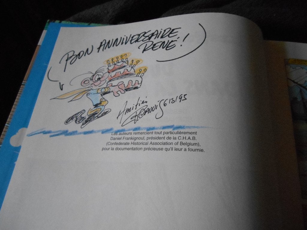 Dessin dédicacé de Cauvin (1995) pour Tuniques Bleues 37 eo, Enlèvement ou Envoi