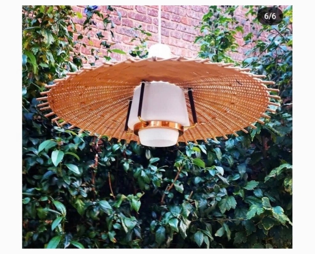 Lampe suspendue vintage en roseau et opaline, Enlèvement ou Envoi, Verre, Suspension, Vintage
