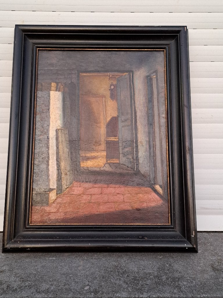 huile sur toile interieur signe armand laureys, Ophalen of Verzenden, Doek