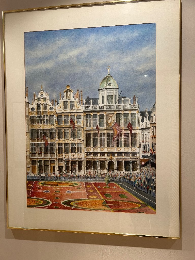 Aquarelle original grand place de Bruxelles, 1950 - 1999, 92 cm, 72 cm, Encadré
