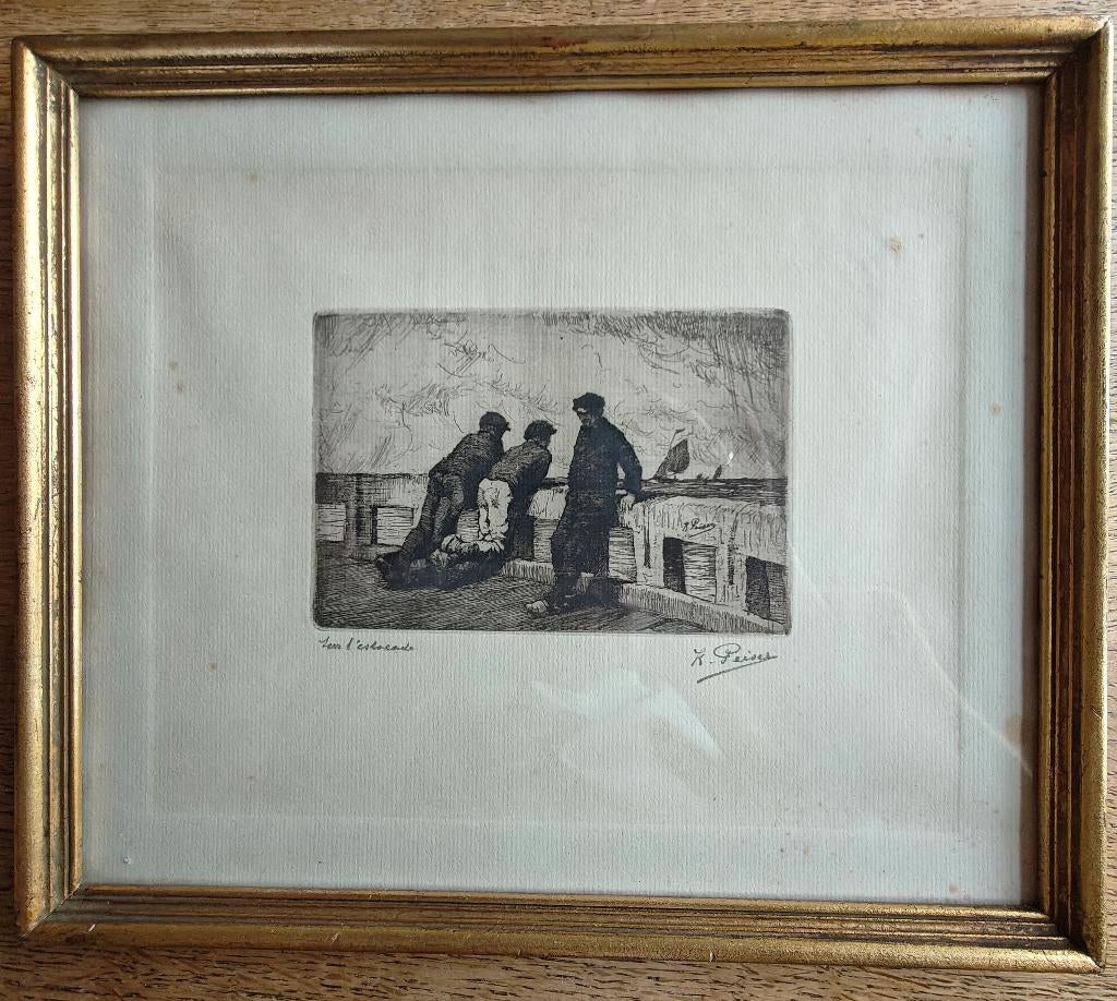 Op het staketsel (de pier), ets van Kurt Peiser, Ingelijst, Landschap, 30 cm, 26 cm