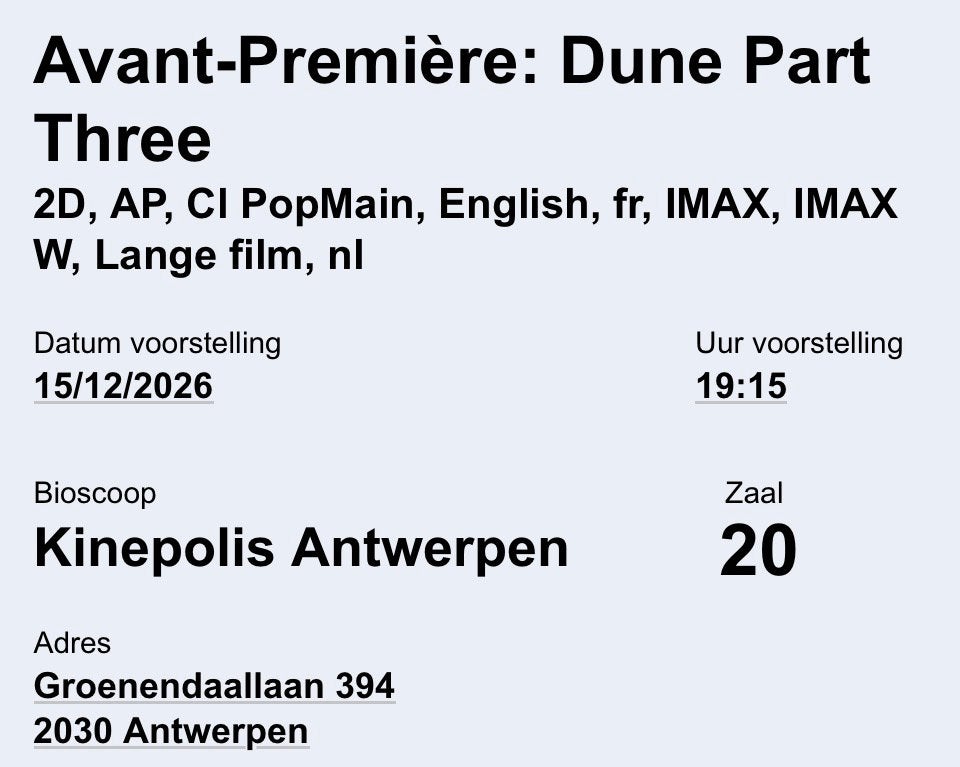 2 tikets voor premiere Dune 3, Tickets en Kaartjes, Twee personen, December