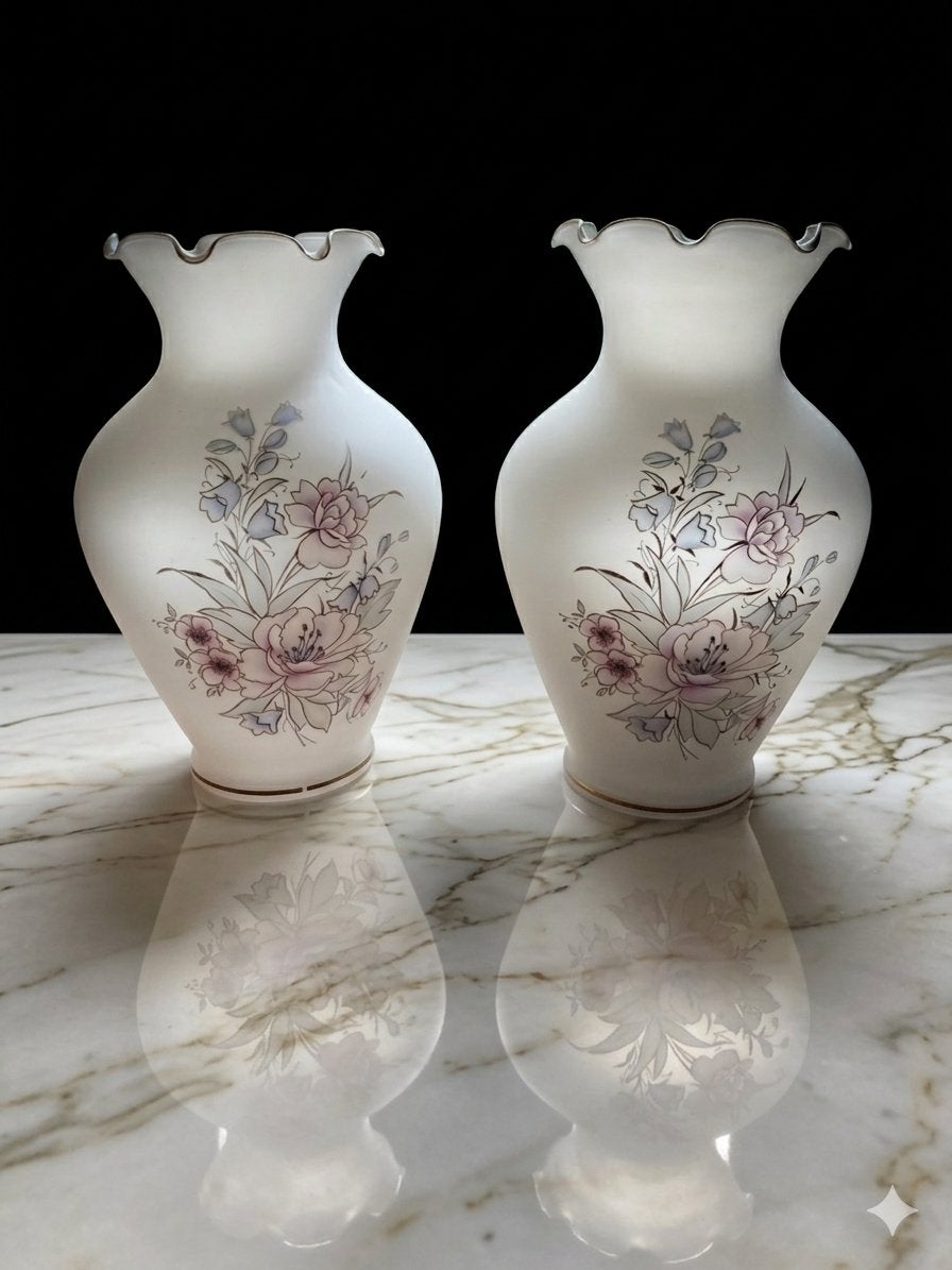 Prachtig set van 2 vintage witte/matte vazen met bloemmotief, Ophalen of Verzenden