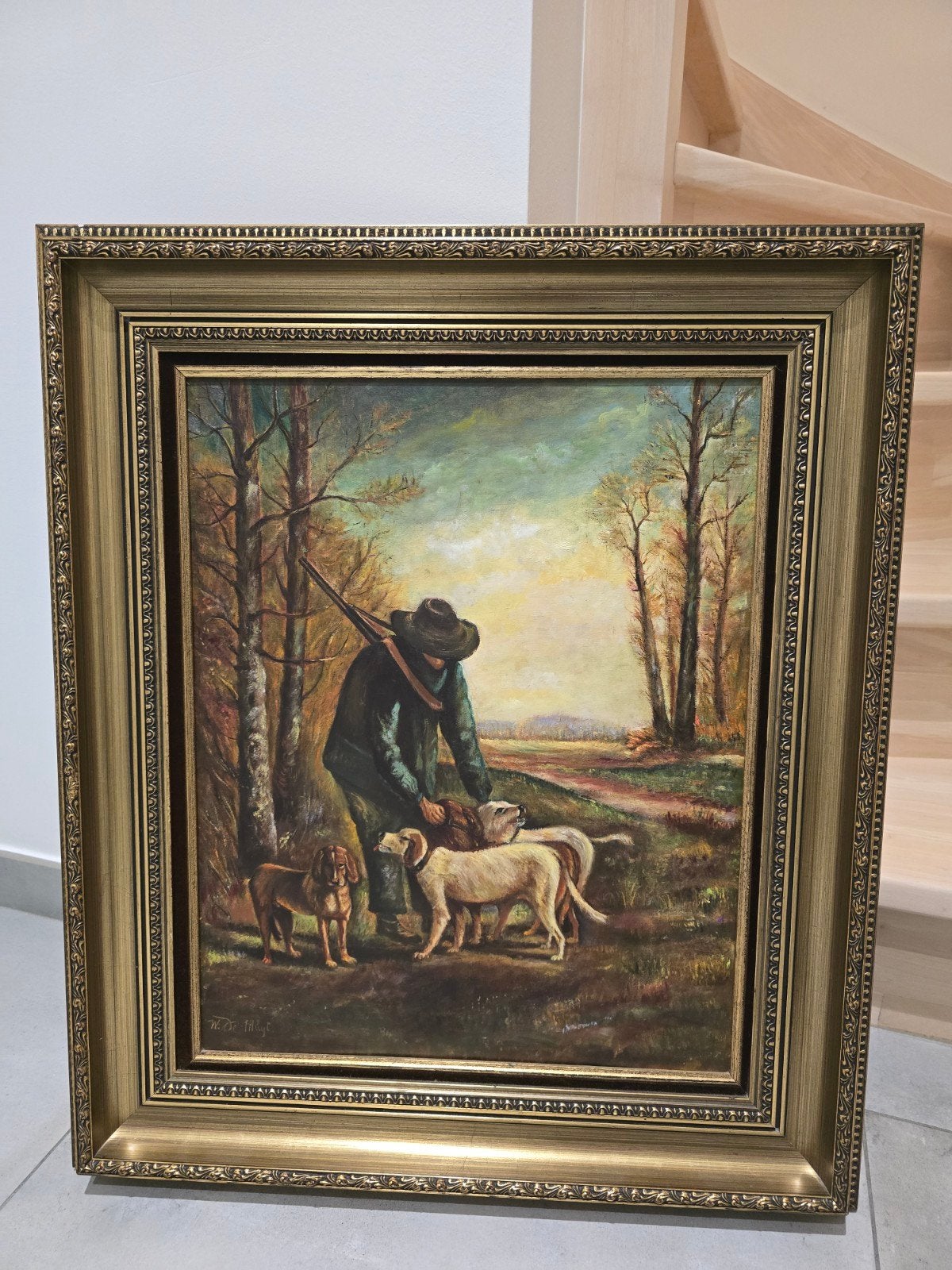 Prachtig antiek jachtschilderij – Olieverf op doek – W. de M, Ophalen of Verzenden, Handgeschilderd, Olieverf, Doek