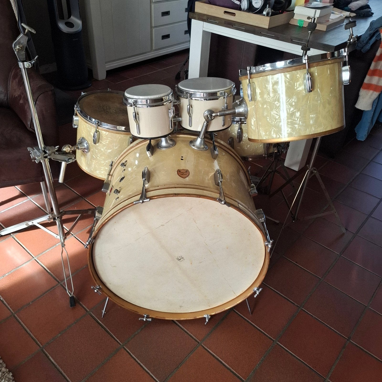 vintage sonorus drumstel jaren 50 met bijpassende Bongo's, Ophalen