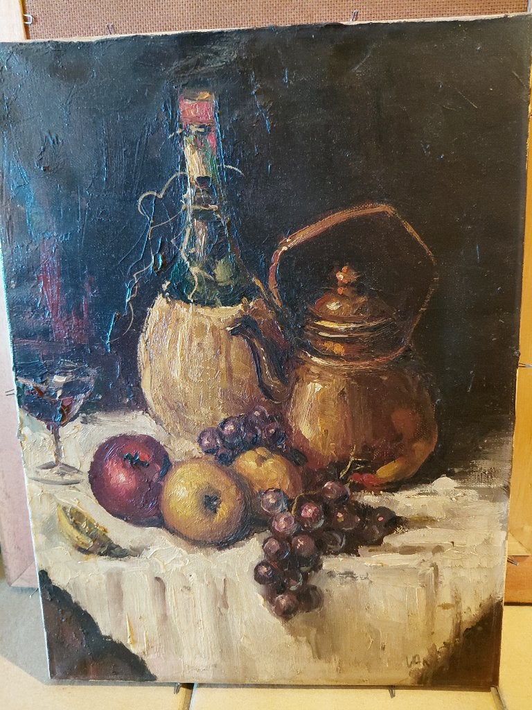 Klassiek stilleven met koperen ketel en fruit, Enlèvement, Classique, Nature morte