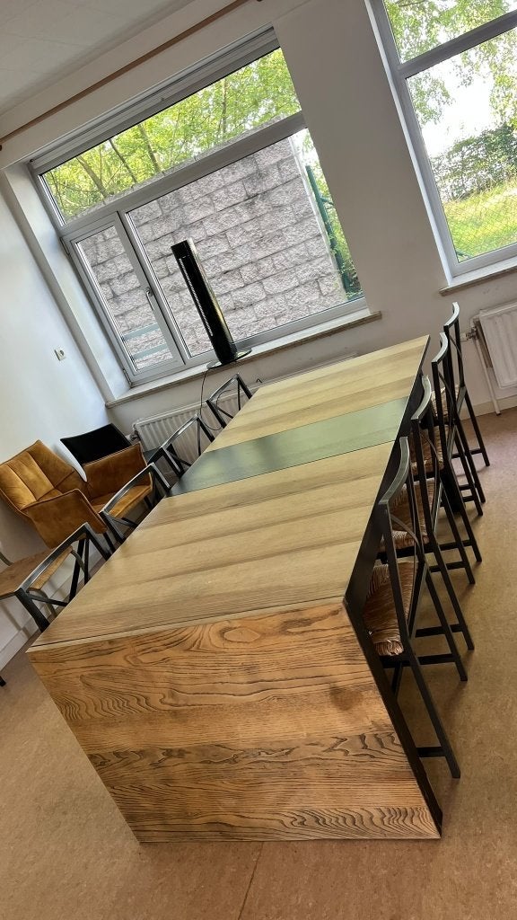 Houten tafel met 6 stoelen, Enlèvement, Comme neuf, Cinq personnes ou plus, Rectangulaire