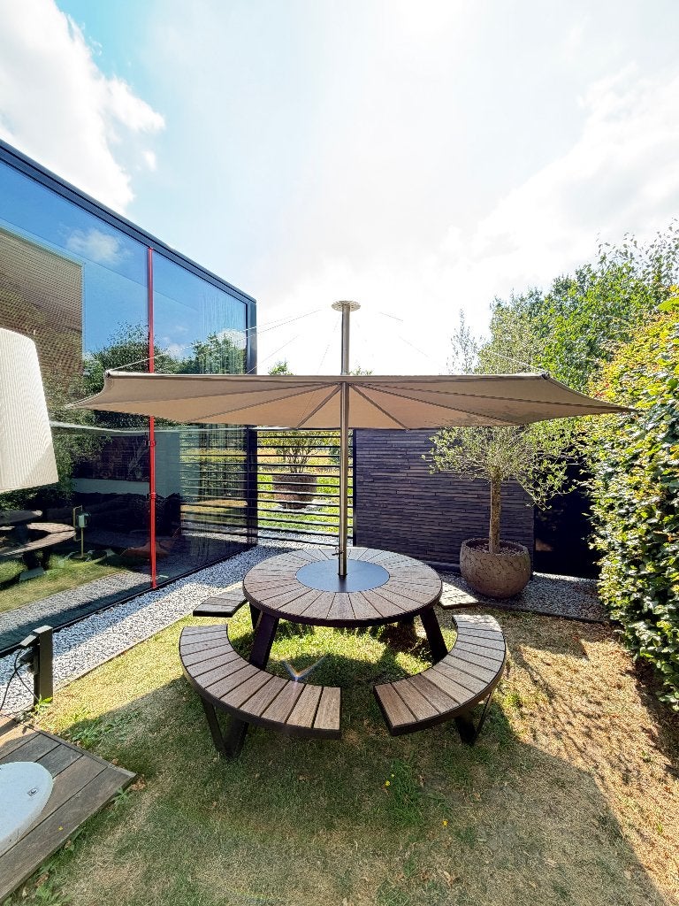 Extremis Pantagruel picknicktafel + grote Inumbra parasol, Enlèvement, Comme neuf, Rond, Aluminium