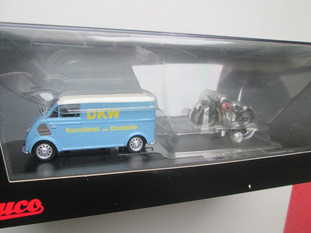 Schuco DKW Kastenwagen mit Motorradanhänger +Motorräder 1:43, Hobby en Vrije tijd, Modelauto's | 1:43, Ophalen of Verzenden, Zo goed als nieuw
