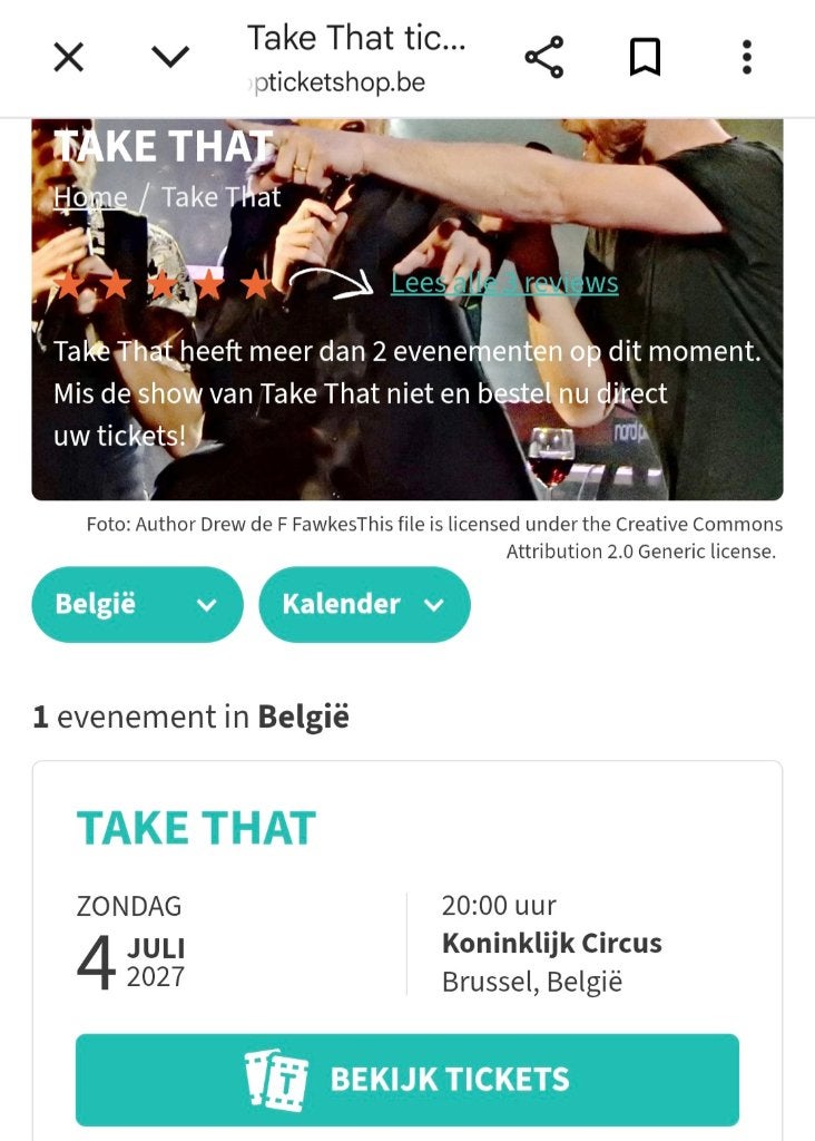 3 Tickets Take That Brussel - 4 juli 2027, Drie personen of meer, Juli