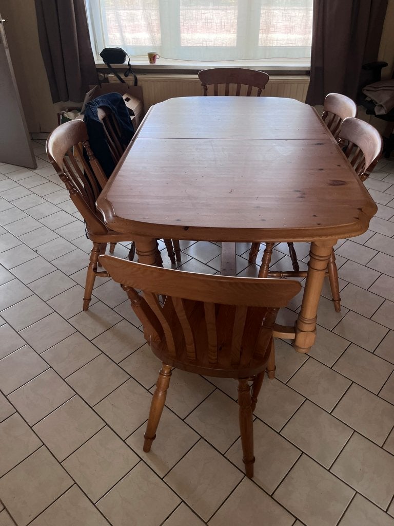 Eettafel met 6 stoelen in grenen, 150 à 200 cm, Cinq personnes ou plus, Enlèvement, Utilisé