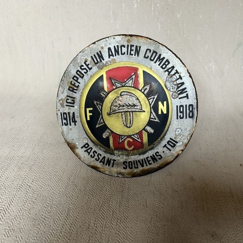 Plakaat in email - "ICI REPOSE UN ANCIEN COMBATTANT 1914", Enlèvement ou Envoi, Armée de terre, Objet d'art