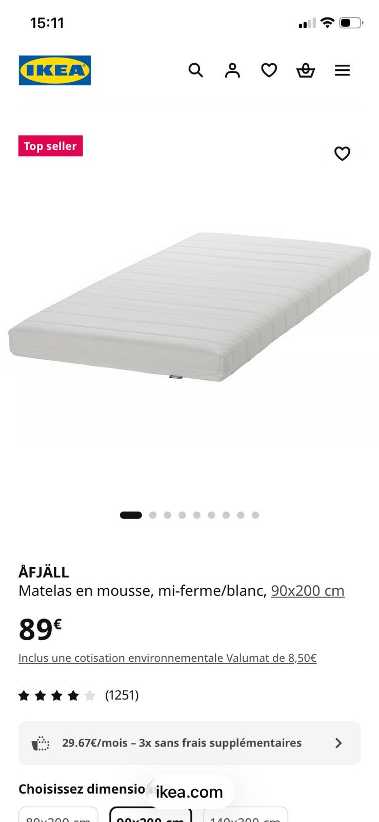 MATELAS IKEA 90x200 cm, Enlèvement, Utilisé, Matelas