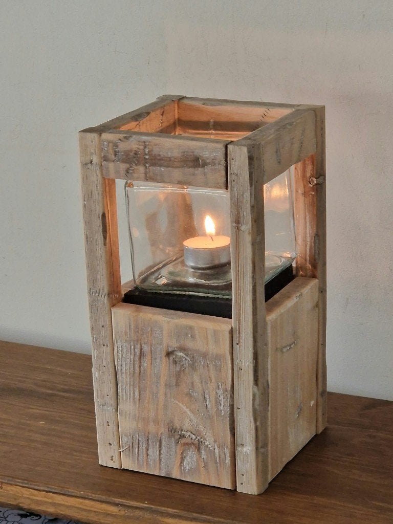 Houten kandelaar oud met kubusglas, Ophalen, Nieuw, Kandelaar