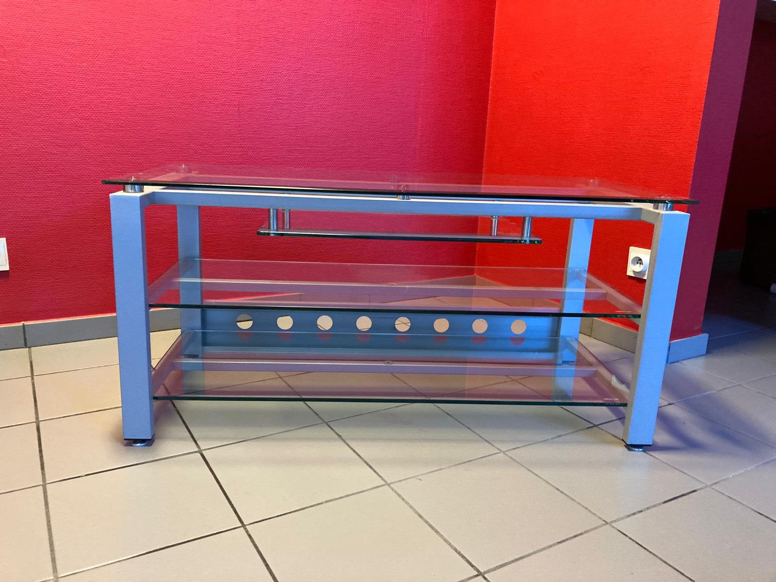 Moderne tv-kast zilvergrijs met glazen leggers – 102 cm, Ophalen, Zo goed als nieuw