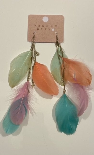 Oorbellen met multicolor veren, Bijoux, Sacs & Beauté, Enlèvement ou Envoi, Neuf, Autres couleurs, Pendantes