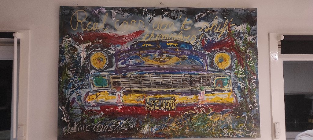 Modern groot schilderij van Oldtimer, Antiek en Kunst, Ophalen, Gesigneerd, Acrylverf, Voertuigen