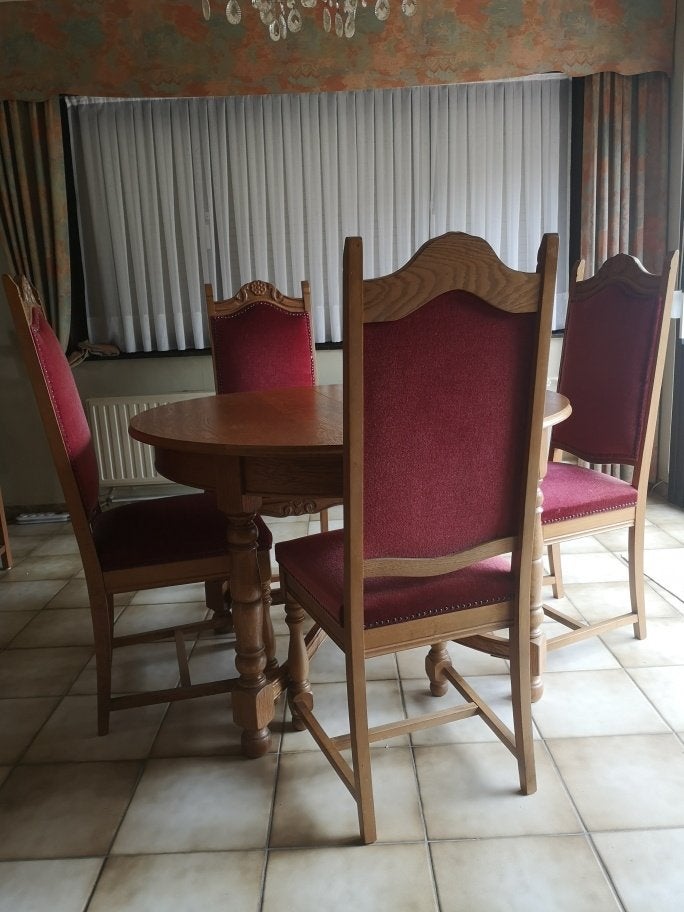 Massief eiken ronde uitschuifbare eettafel + 6 stoelen, Ophalen, Vlaamse rustieke stijl, Gebruikt, 100 tot 150 cm