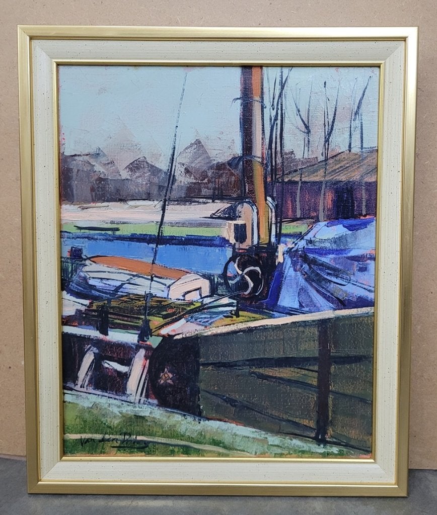 Danny VAN DEN DRIES, Schip aan de kade, Antiquités & Art, Art | Peinture | Classique, Enlèvement ou Envoi, Toile, Maritime / eau