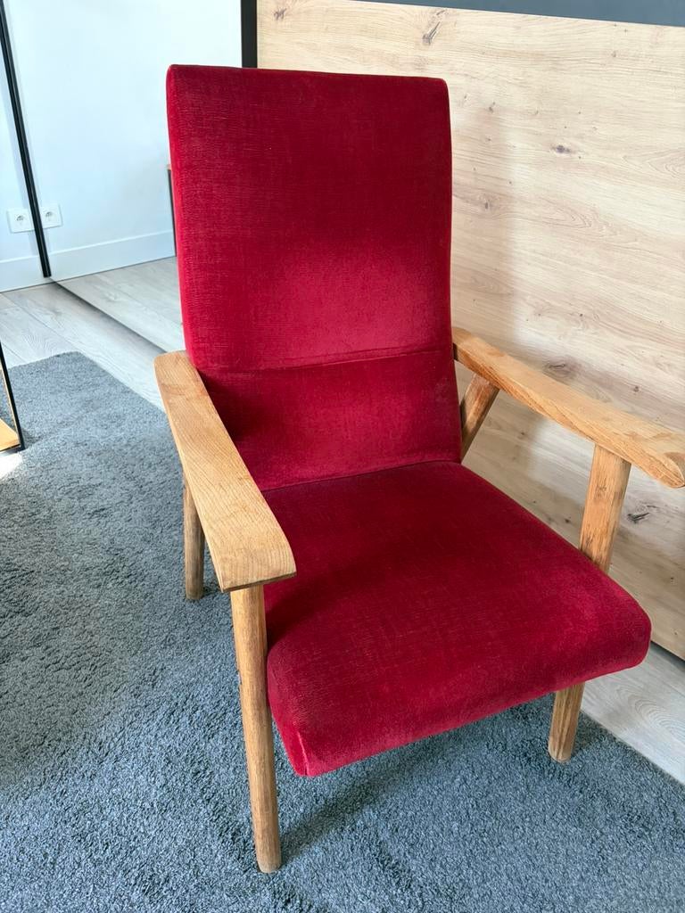 Vintage mid-century fauteuil en antieke kruk, Ophalen