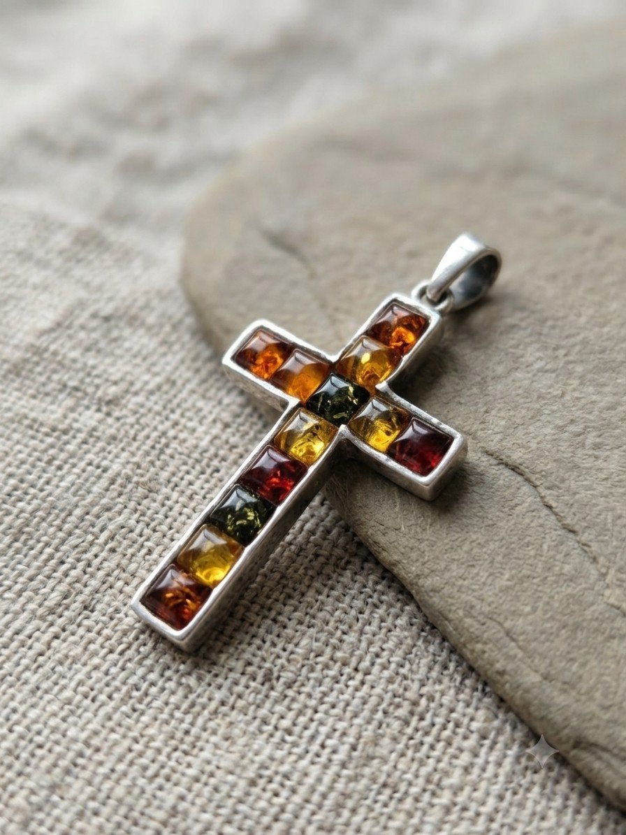 ️ Kruis van zilver en amber  925 zilveren kruis en A-hange, Bruin, Ophalen of Verzenden, Zo goed als nieuw, Zilver