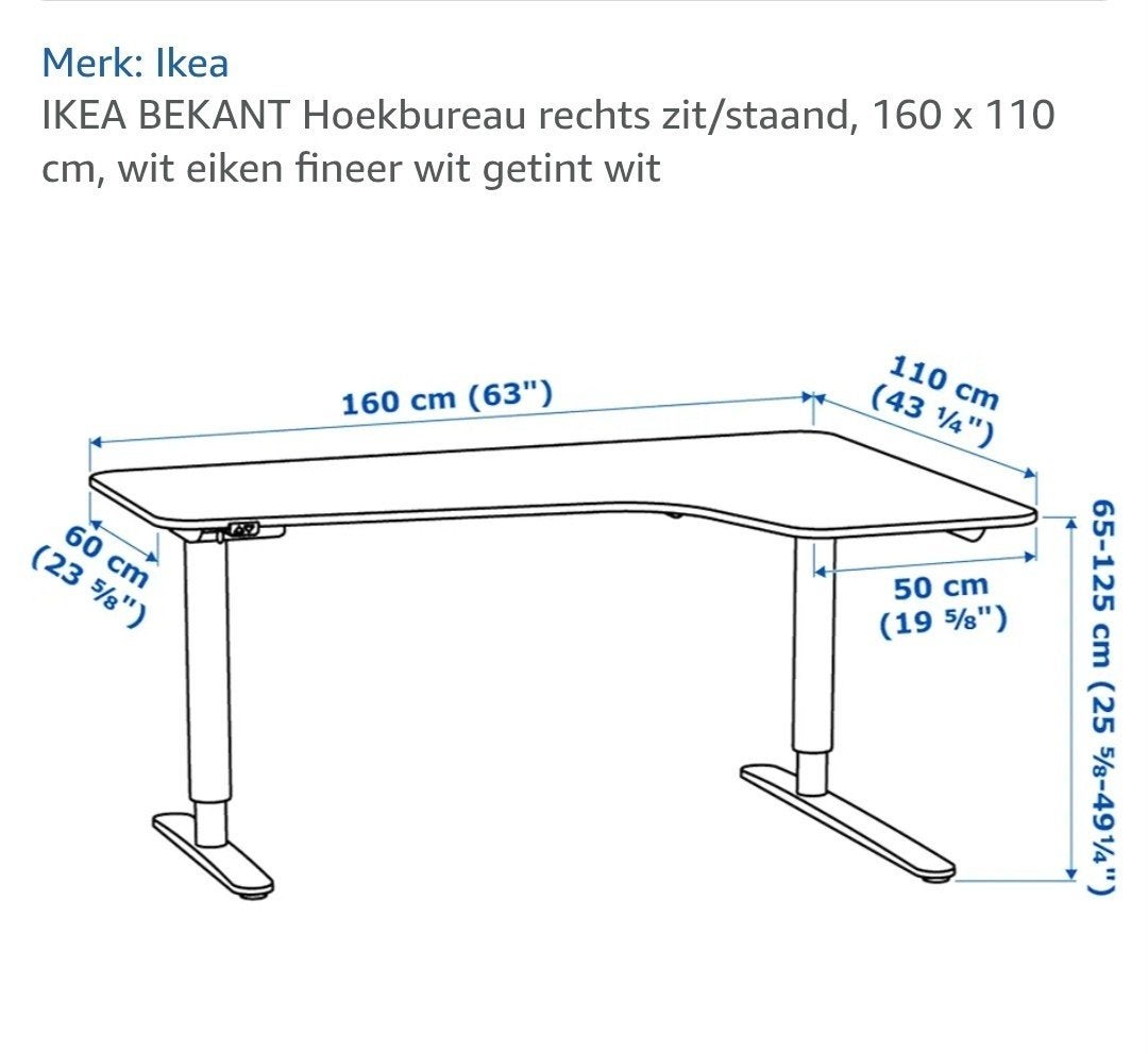 ikea hoek bureau verstelbaar rechts, Ophalen, In hoogte verstelbaar, IKEA, Wit