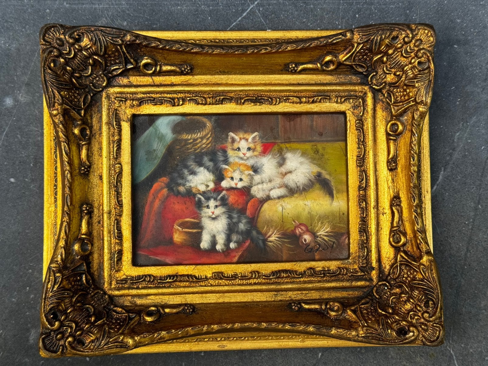 Peiminture G.Roy chatons, Antiquités & Art, Enlèvement ou Envoi, Peinture à l'huile, Panneau