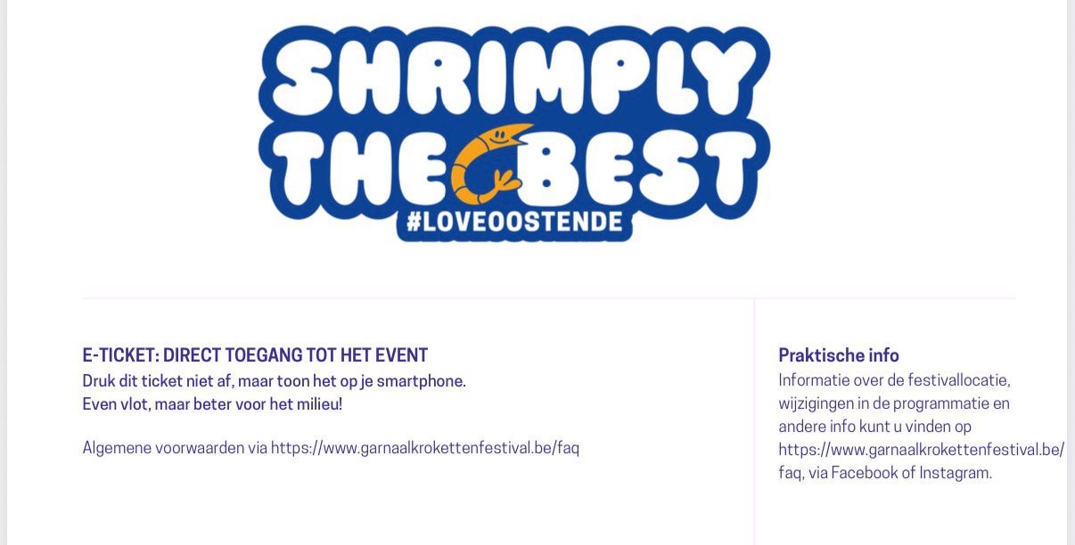 1 ticket Garnaalkrokettenfestival zondag 11 oktober Oostende, Tickets en Kaartjes, Eén persoon, Ticket of Toegangskaart