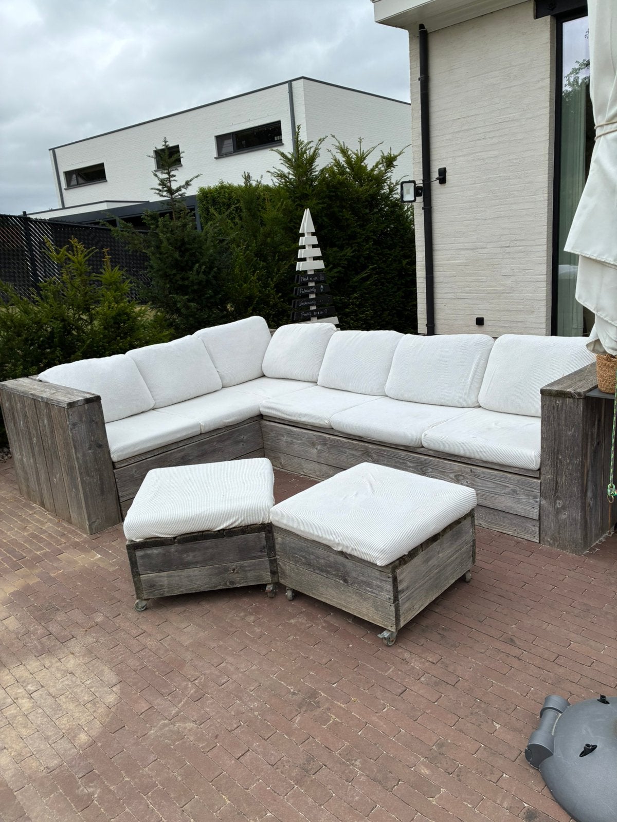 Steigerhout lounge L 3.15 op 2.27 en breed 102, Ophalen, Gebruikt, 6 zitplaatsen, Steigerhout