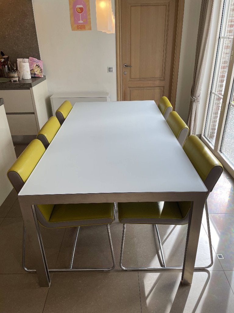 Leolux eettafel glas + 6 stoelen limoengroen leolux, Ophalen, 100 tot 150 cm, Vijf personen of meer, Glas