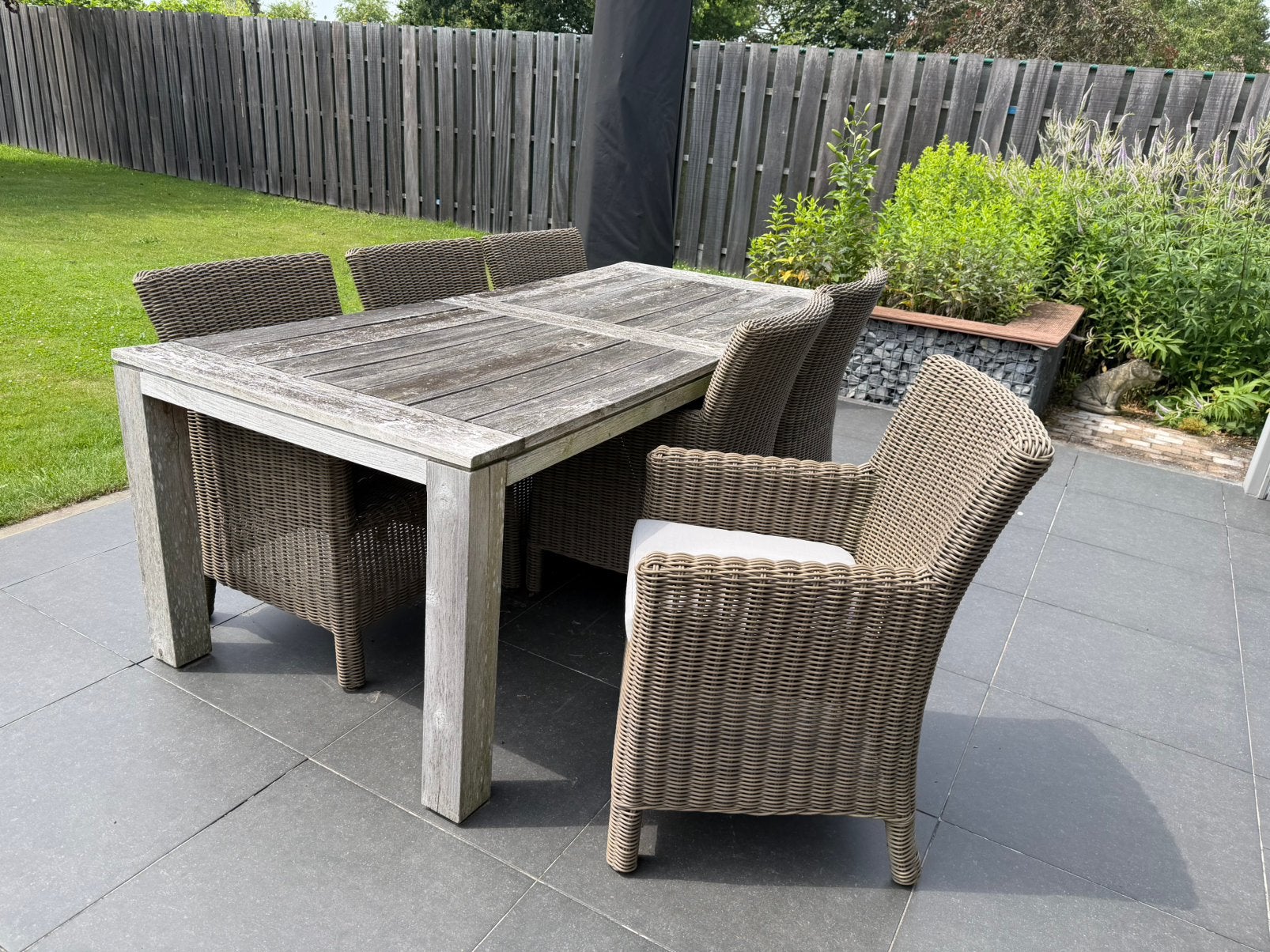 Tuintafel met stoelen, Ophalen, Gebruikt, Hardhout, 6 zitplaatsen