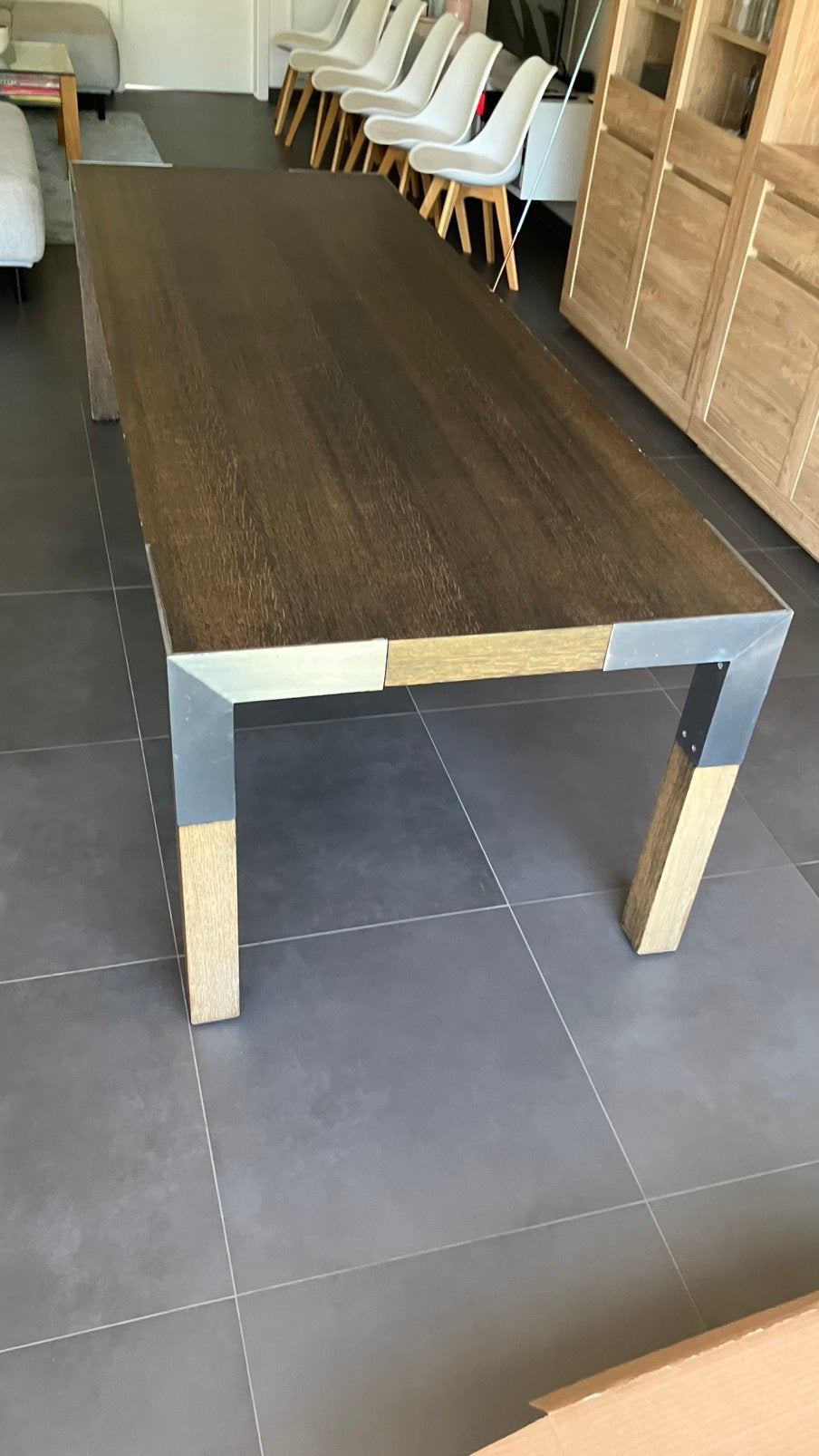 Massief eiken designtafel / bureau – 240  95 cm, Huis en Inrichting, Ophalen, Gebruikt, 200 cm of meer, 50 tot 100 cm