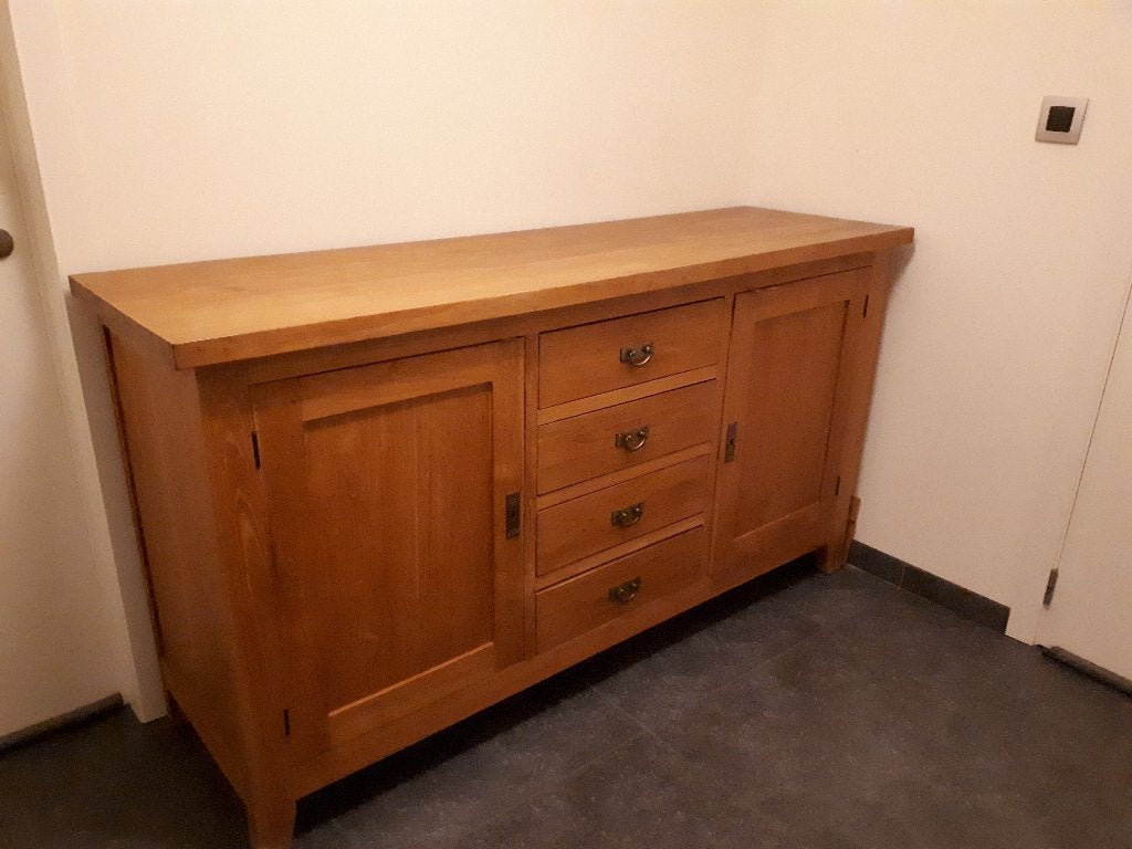 Robuust massief houten dressoir (teak), Ophalen, Landelijk, rustiek, tijdloos, Gebruikt, 150 tot 200 cm