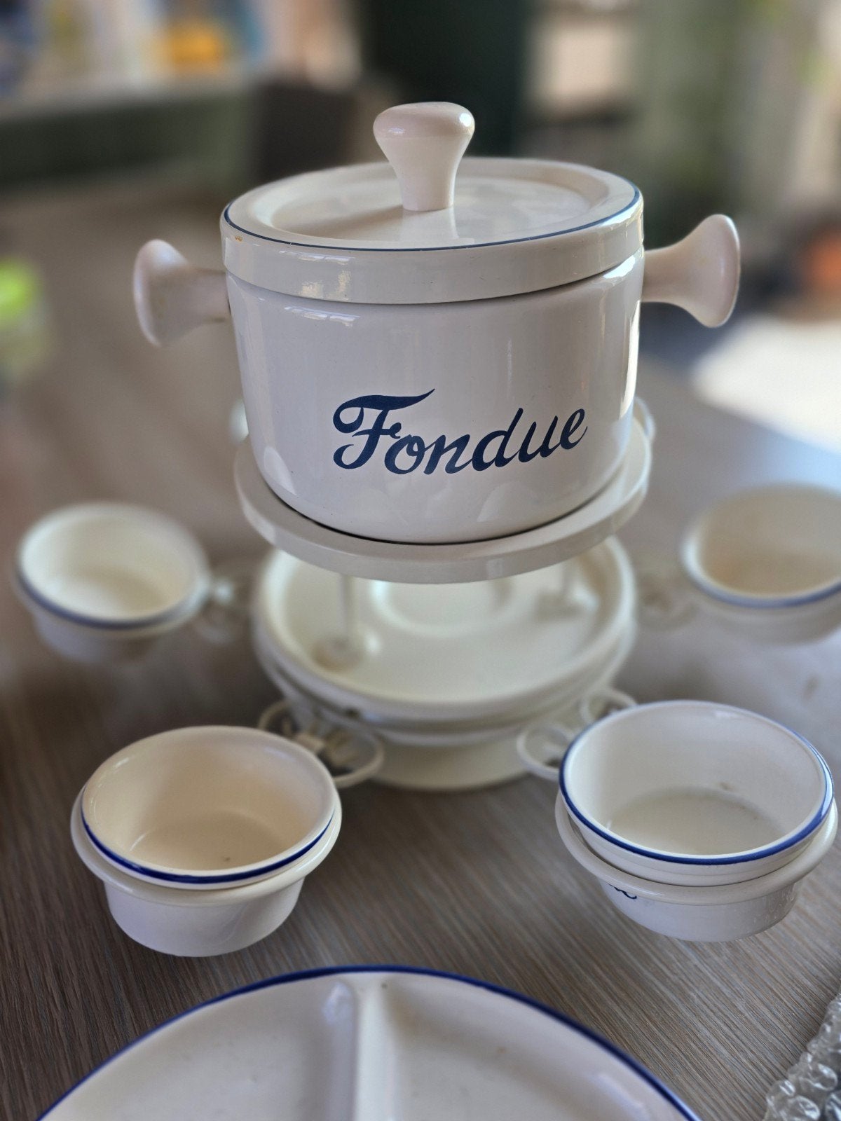 Prachtige Retro Fondueset Wit/Blauw – Carrousel mét borden, Met deksel, Ophalen, Emaille