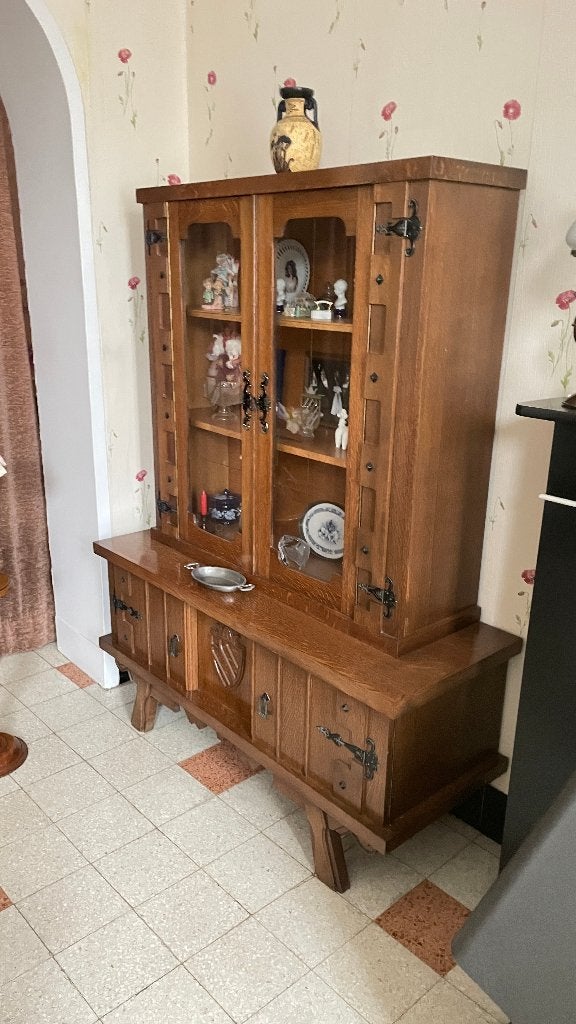 Petit meuble vitrine ancien, Avec porte(s), 150 à 200 cm, Utilisé, Chêne