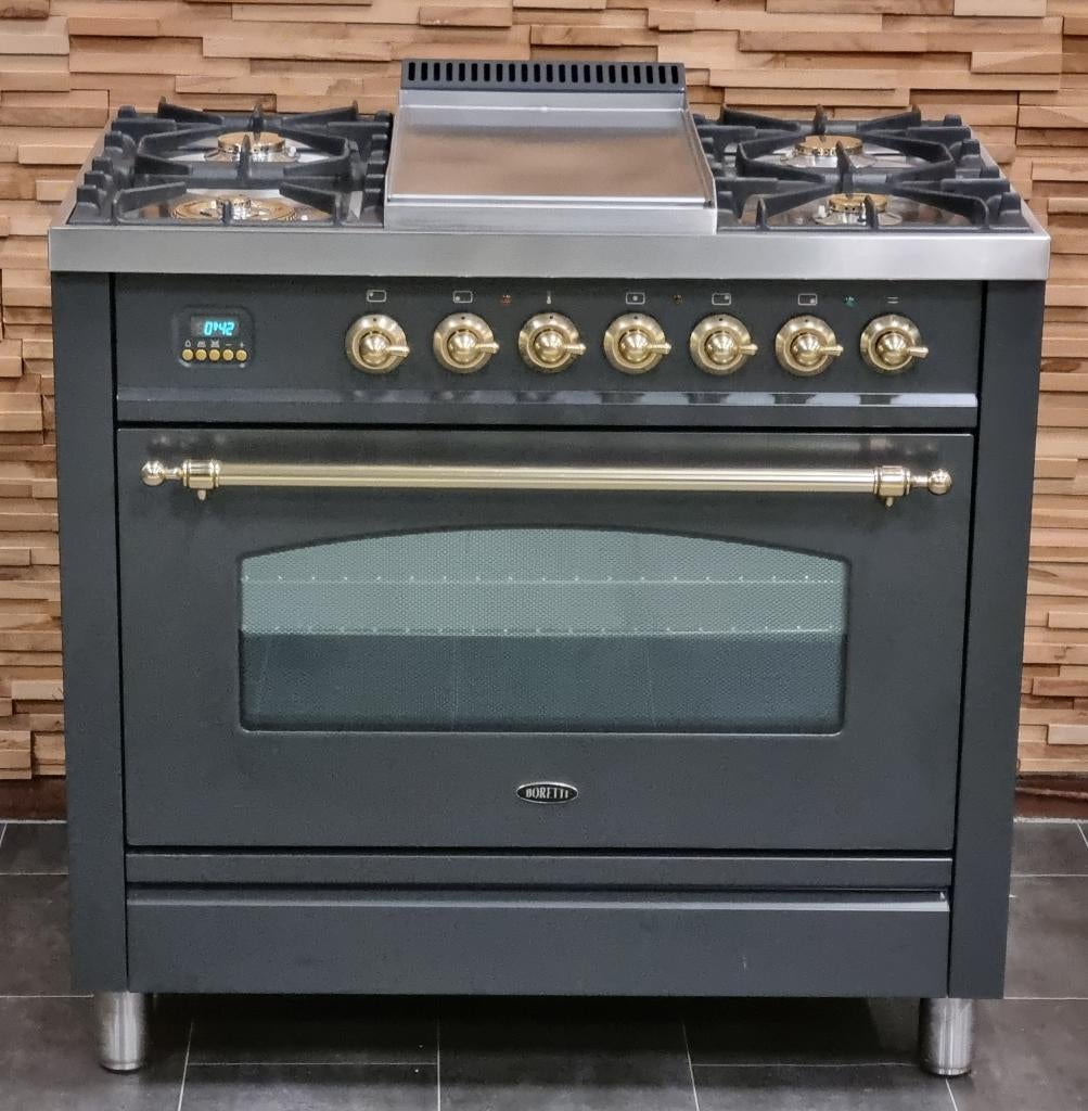 🔥Luxe Boretti Fornuis 90cm antraciet + messing Frytop, Electroménager, Cuisinières, Comme neuf, Autoportant, 5 zones de cuisson ou plus