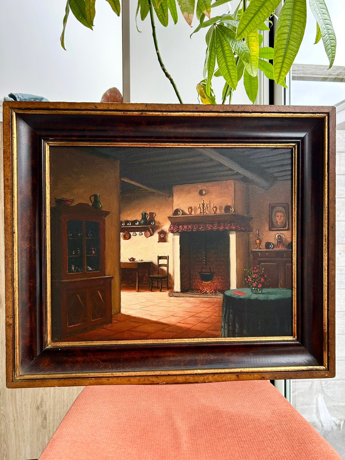 Olieverfschilderij interieurtafereel, Antiek en Kunst, Kunst | Schilderijen | Klassiek, Doek, Stilleven, Ophalen of Verzenden