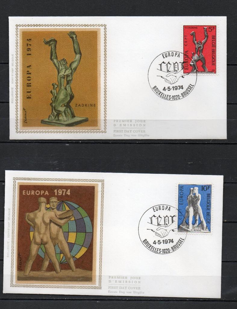 Année 1974 : FDC 1714-1715 Soie - Europa Sculptures, Timbres & Monnaies, Timbres | Europe | Belgique, Enlèvement