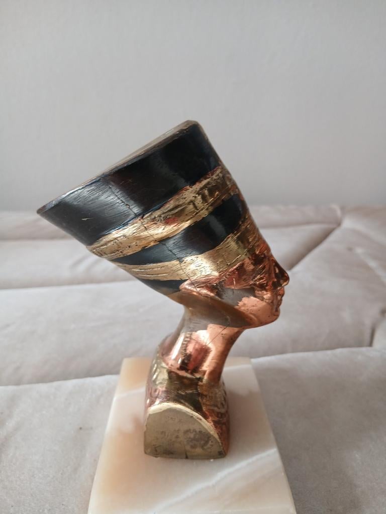 Buste Néfertiti Vintage - Laiton & Cuivre sur socle Onyx, Bijoux, Sacs & Beauté, Bagues, Enlèvement ou Envoi, Noir