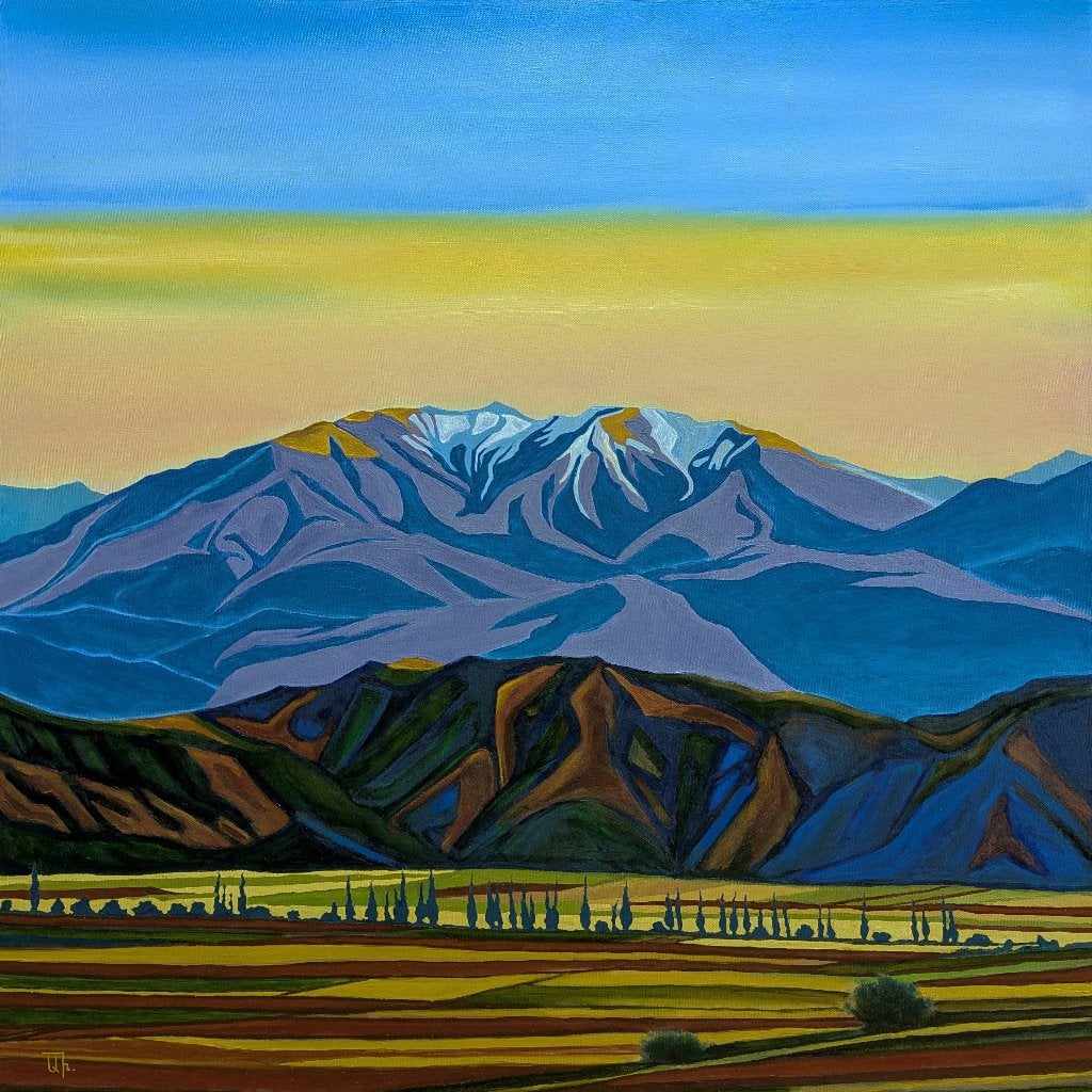 « Les montagnes sont ma maison... » Peinture originale, Textile, Peinture à l'huile, Paysage, Sur cadre en bois