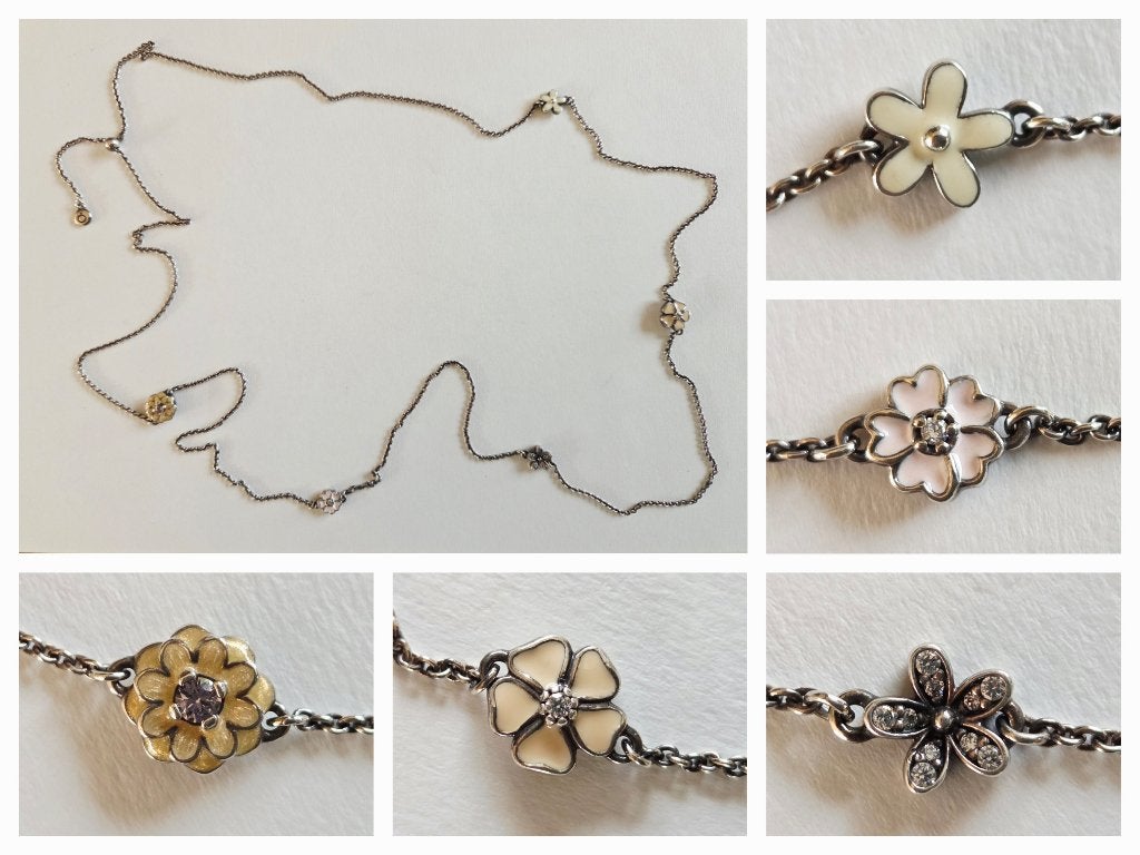 ZILVEREN PANDORA KETTING MET BLOEMETJES, Handtassen en Accessoires, Kettingen, Ophalen, Zilver, Verstelbaar