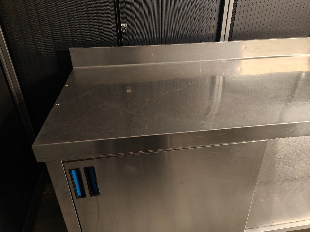 RVS Weerkbank - Werktafel, onderstel met schuifdeuren 149x85, Huis en Inrichting, Gebruikt, 100 tot 150 cm, Ophalen of Verzenden