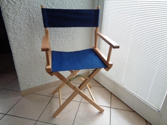 Chaise de régisseur en bois avec tissu bleu. Vintage, Enlèvement ou Envoi