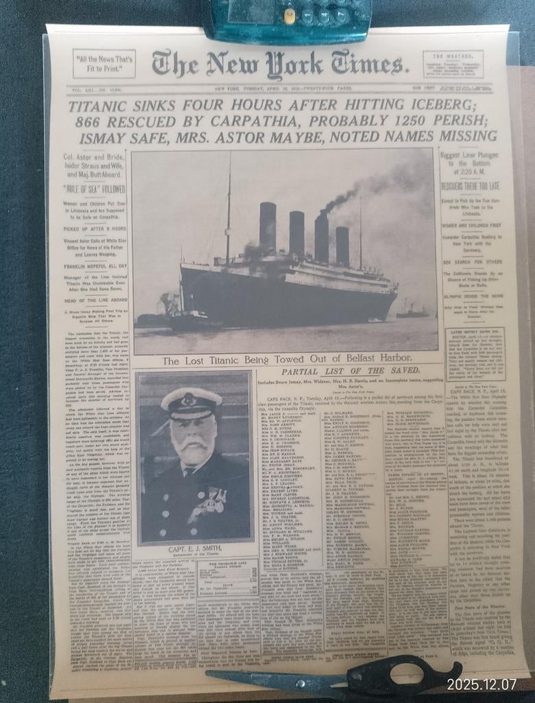 Titanic 1912. New York Times, Enlèvement ou Envoi, Comme neuf