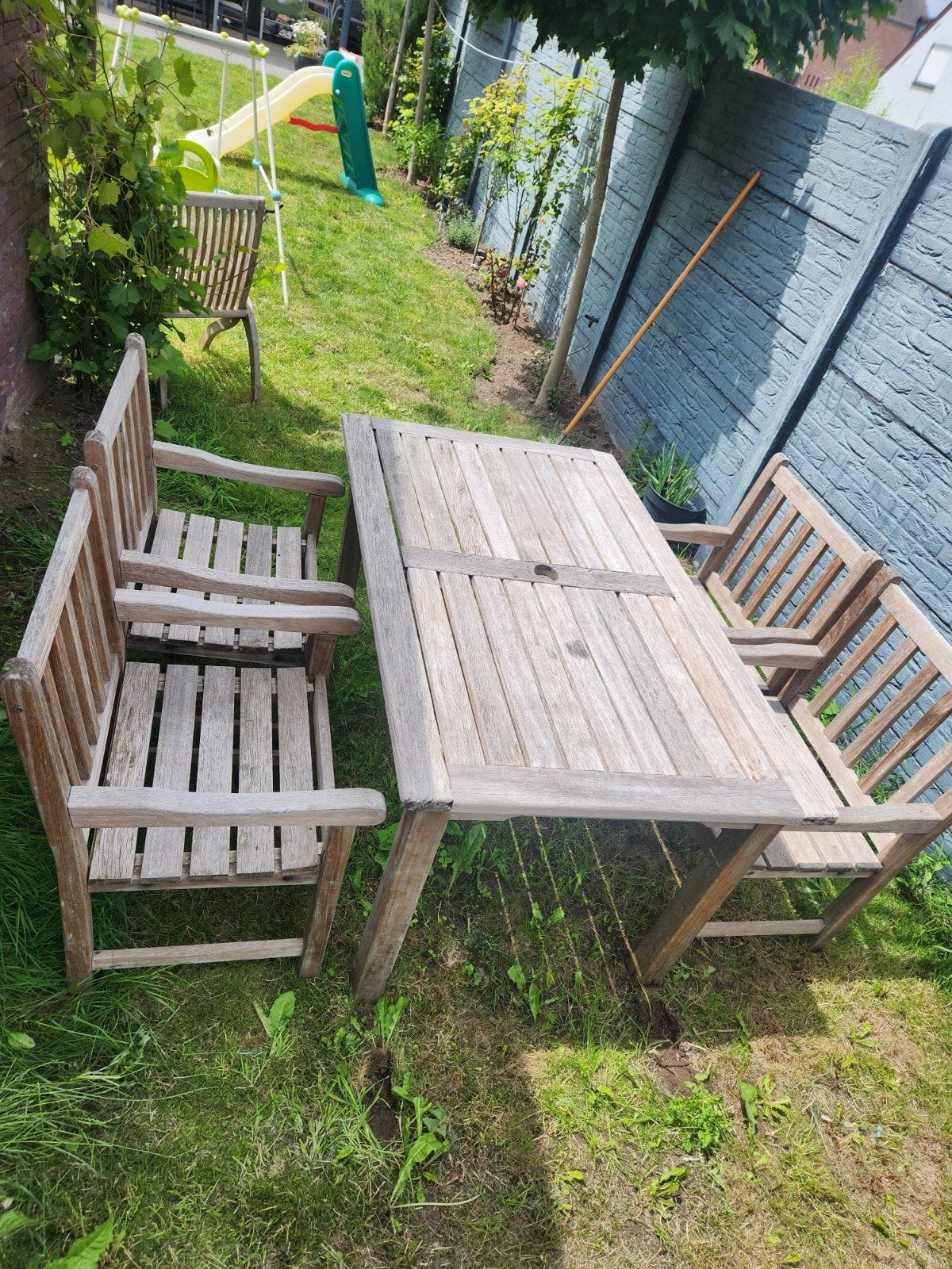 Vintage teak tuinset tafel 4 stoelen met kussens, Enlèvement, Salons de jardin