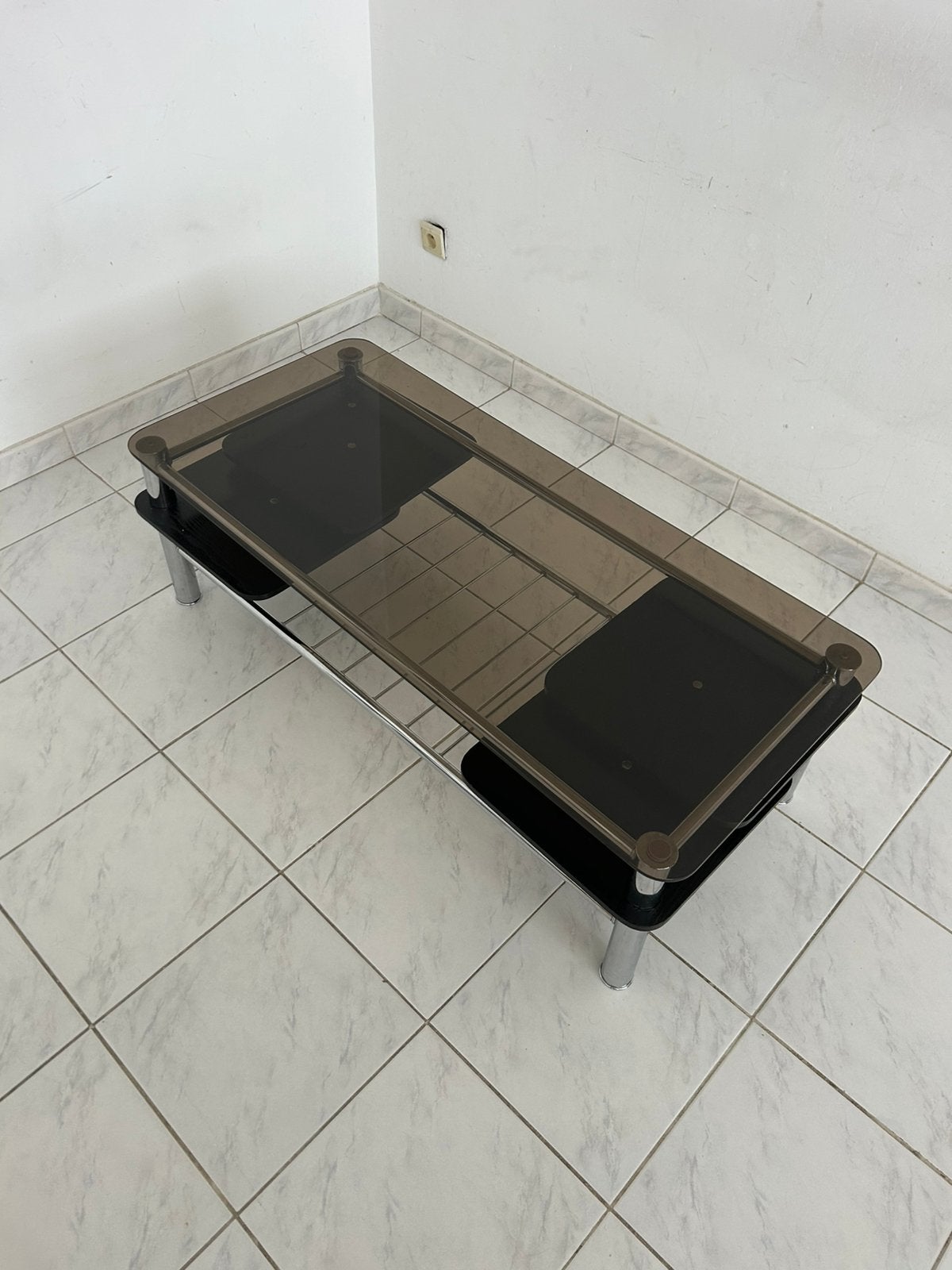 Vintage salontafel chroom en rookglas draaibaar, Ophalen, Gebruikt, 50 tot 100 cm, 100 tot 150 cm