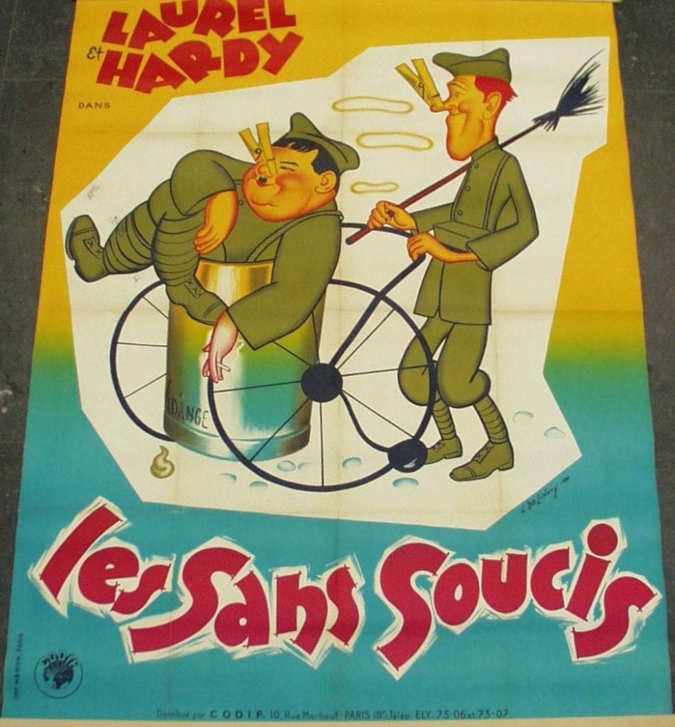 Grote affiche voor "Les sans soucis" met laurel & hardy., Ophalen of Verzenden, Zo goed als nieuw, Rechthoekig Staand, Film en Tv
